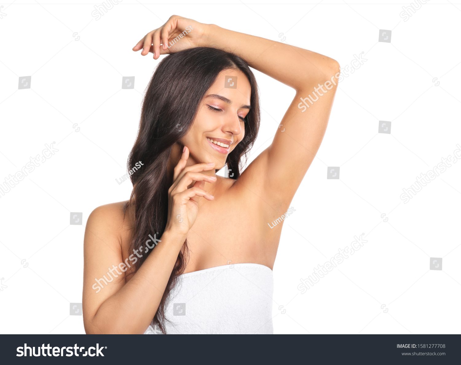 stock photo beautiful young woman isolated on white background concept of using deodorant 1581277708